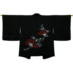 Haori Shibori negro con motivos rojo blanco
